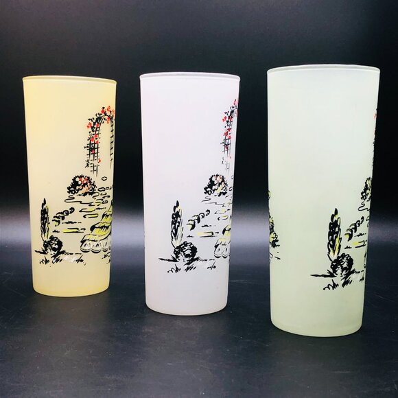 60s Southern Belle Tom Collins Cocktail Glass Set of 3 Frosted Highball Tumblers - Picture 2 of 13